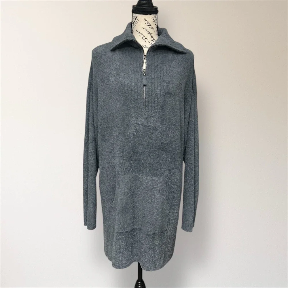 Barefoot Dreams XL CozyChic Lite High Rib Half Zip Tunic Sweater Kangaroo Pocket